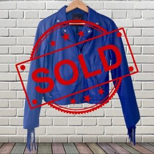 Royal blue fringed faux leather jacket Fits L-XL